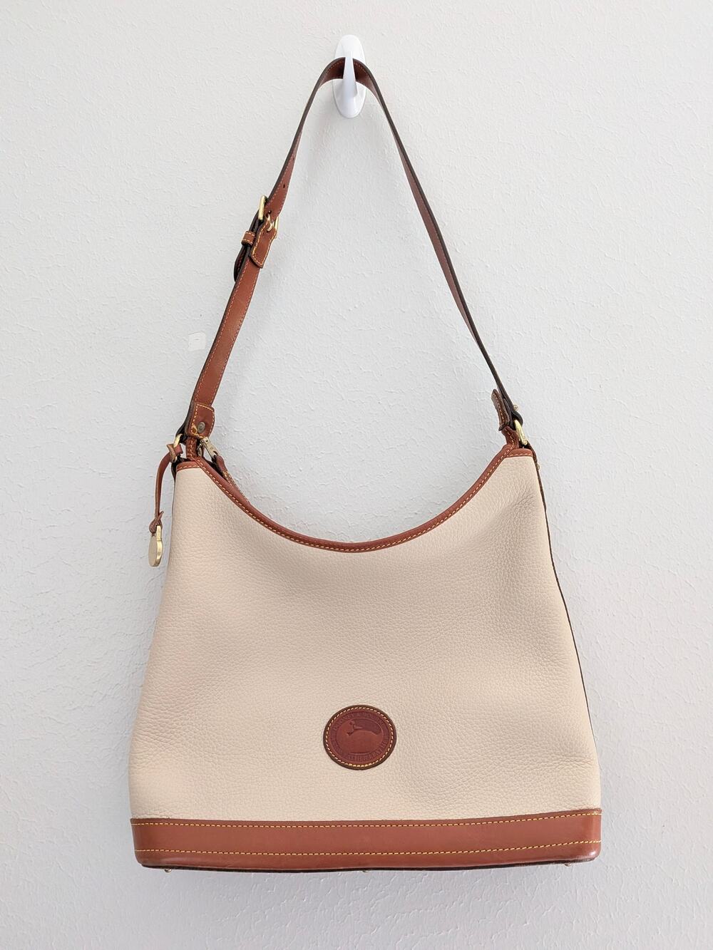 Vintage Dooney & Bourke Pebbled Leather Shoulder Bag Cream Brown Satchel